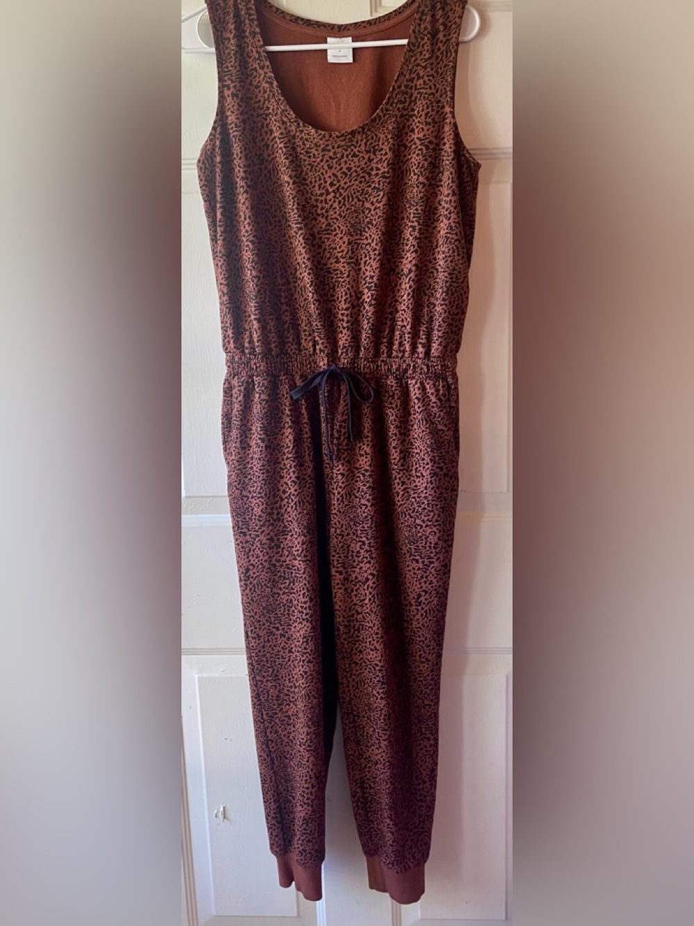 Amazon Essentials Brown Black Leopard Spot Print Cuffed Leg Knit Jumpsuit Medium